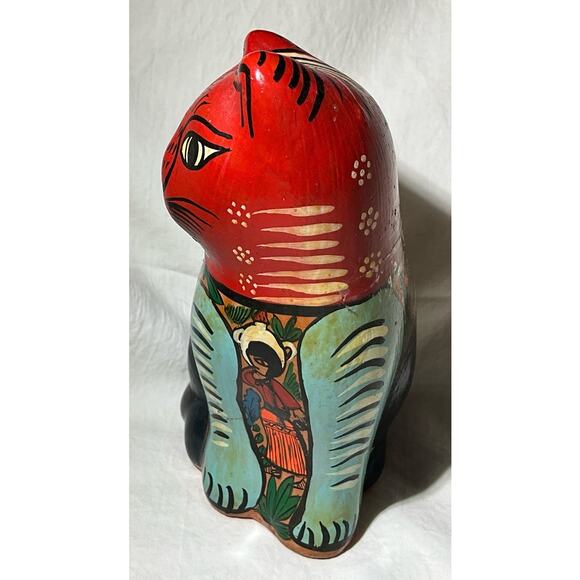 Vintage Mexican Folk Art Colorful Hand Painted Terracotta Cat Ornamental Figure - Picture 2 of 8